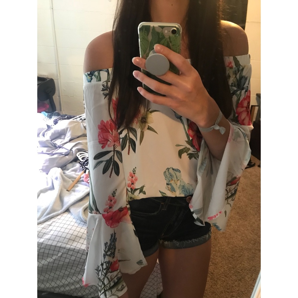 White Floral Off the Shoulder Bell Sleeve Top
